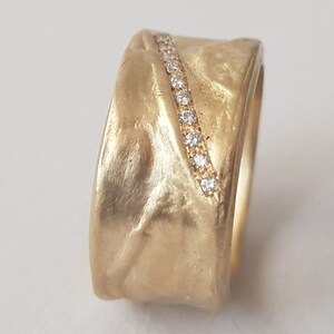18K Gold Diamonds Band Ring, Cigar Band Ring, Wide Gold Band, Organic Gold Ring, Thick Band Rings, Hammered Gold Ring, Textured Wedding Ring image 5