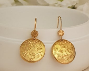 18K Solid Gold Earrings With a Textured Hammered Finish and Boho Minimalist Drop Dangle Style