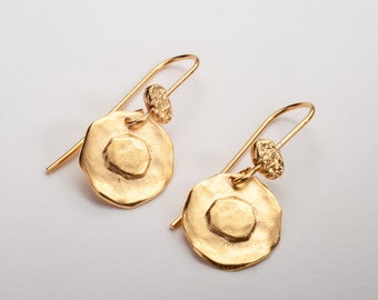 Small Round 14k Solid Gold Drop Earrings, Raw Hammered Flat Disk Dangle Earrings, Ancient Antique Style Handmade Jewelry
