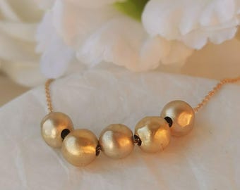18k Gold Beaded Ball Necklace, Antique Ancient Gold Beads Necklace for Women, Engraved Gold Beads
