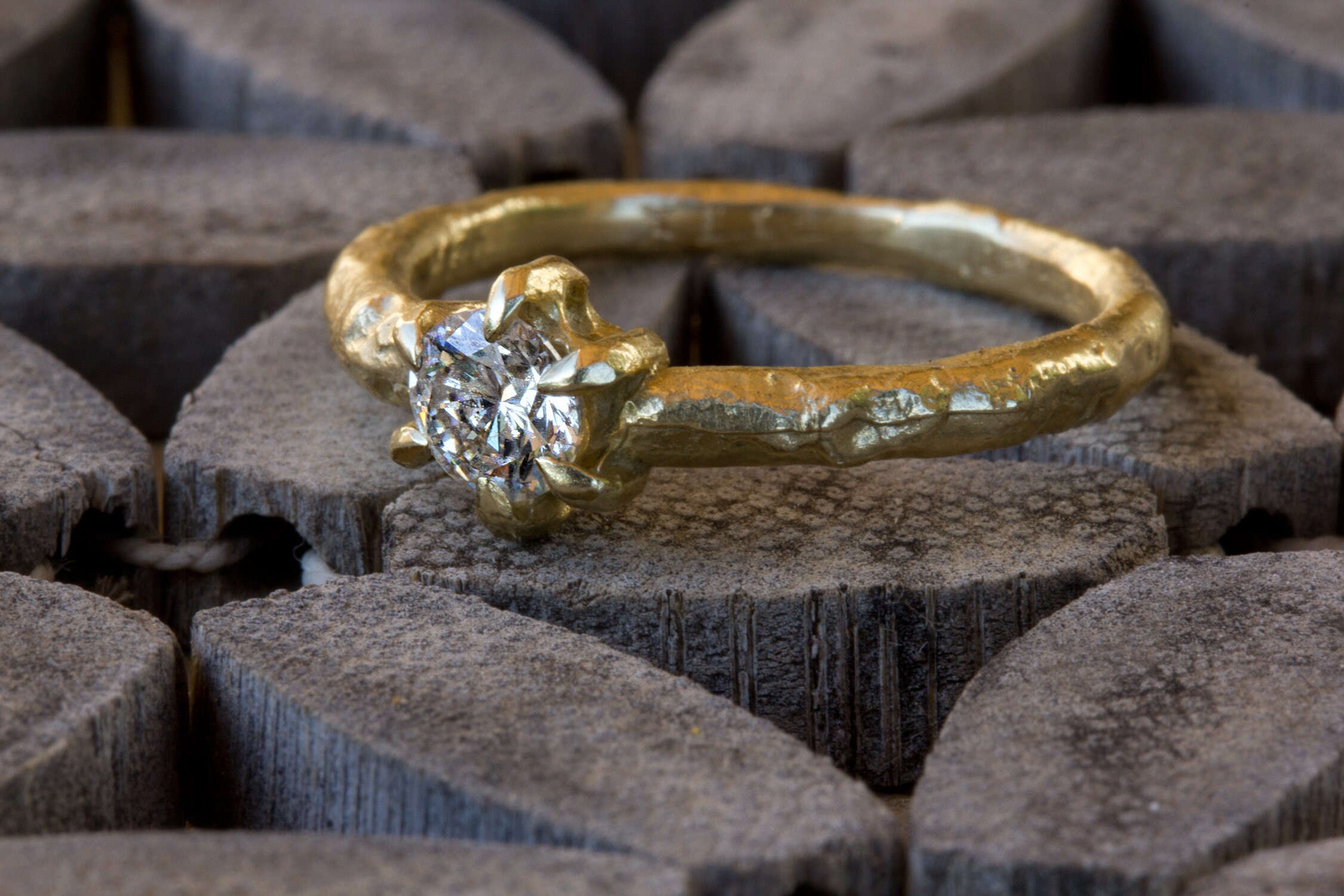 Hammered Engagement Ring 14K Gold rough Diamond Engagement Etsy