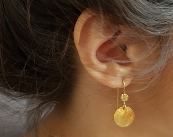 Hammered Circle gold drop earrings, Ethnic coin dangle earrings, boho bridesmaid jewelry, unique gifts for women