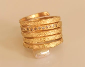 Solid Gold Wrap Stacking Ring, Diamond Ancient Thumb Ring