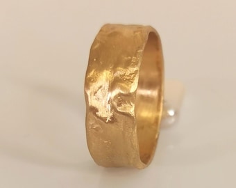 Organic 18K Solid Gold Statement Band, Unique Hammered Handmade Gold Ring