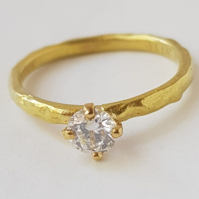 Diamond Engagement Ring with Half Carat Diamond, 4 Prong Diamond Ring, 18K Hammered Gold, Natural 0.5ct Diamond Ring, Solitaire Diamond Ring image 9