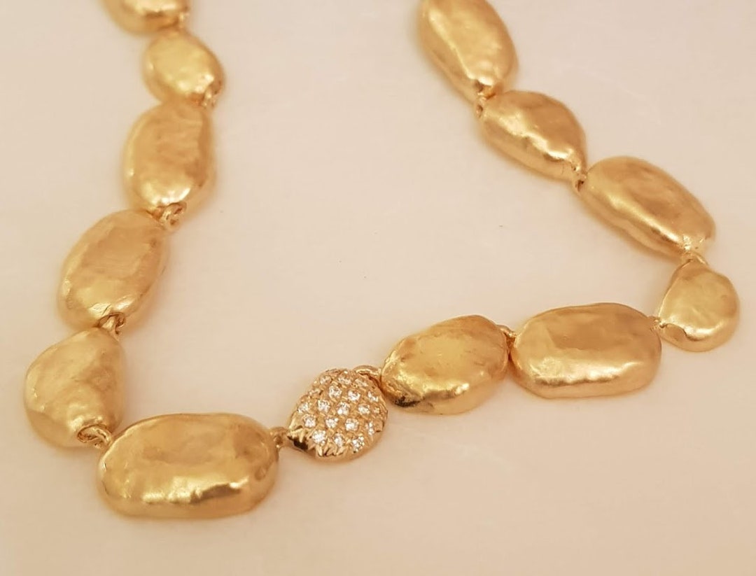 Gold Bean Necklace Hammered Nuggets Chain Pebbles Necklace Large gold-bean-necklace-hammered-nuggets-chain-pebbles-necklace-large