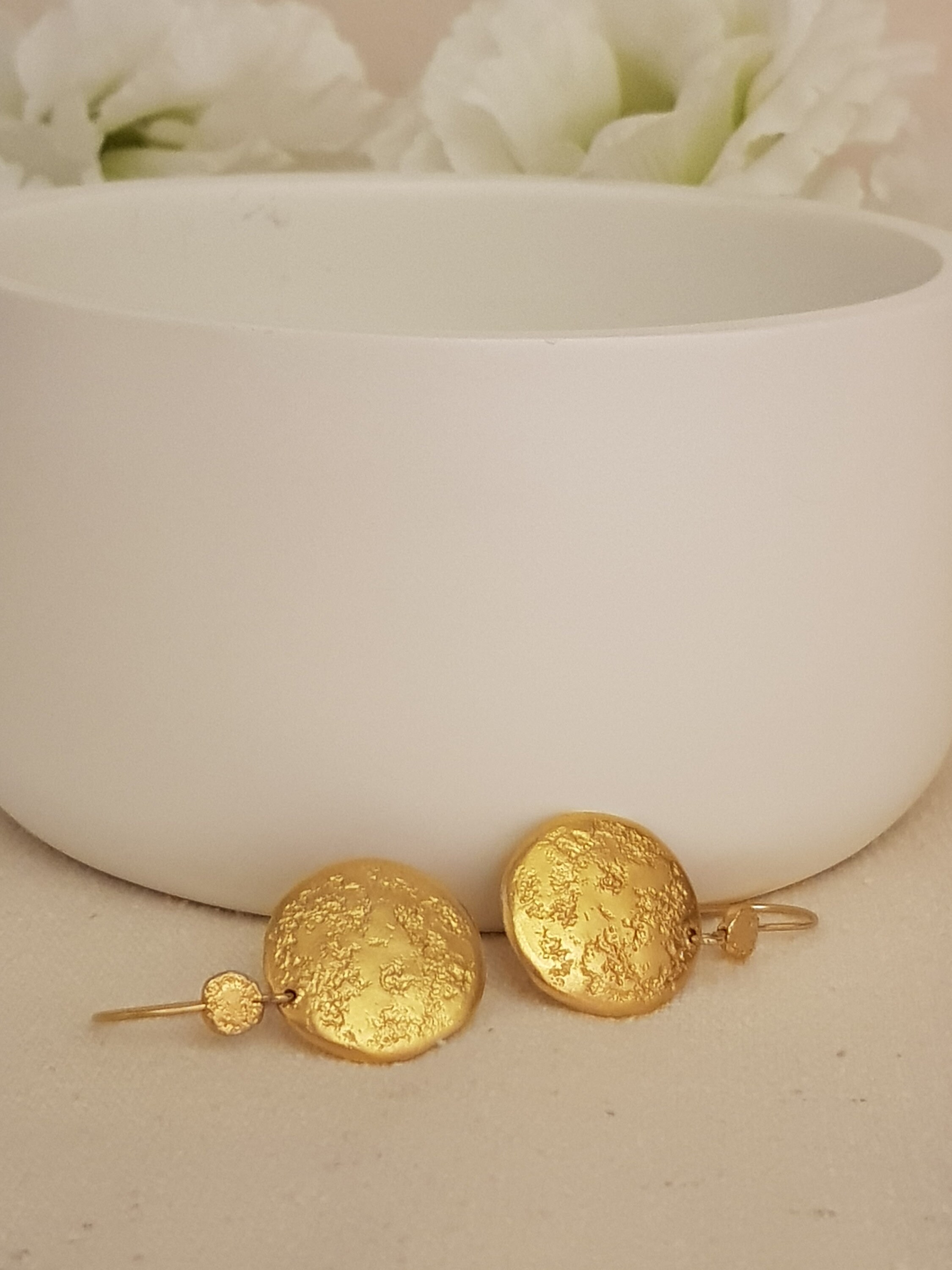 Orecchini Pendenti Bohémien In Oro Anticato Martellato – Disco Due Toni, Forma A Goccia, Leggeri, Idea Regalo - 3