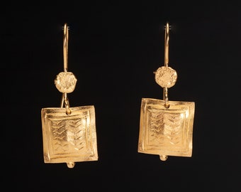 14k Gold Ethnic-Style Engraved Earrings, Small Flat Square Dangle Earrings, Ancient Carved Gold 14k Jewelry, Handmade Gift For Her