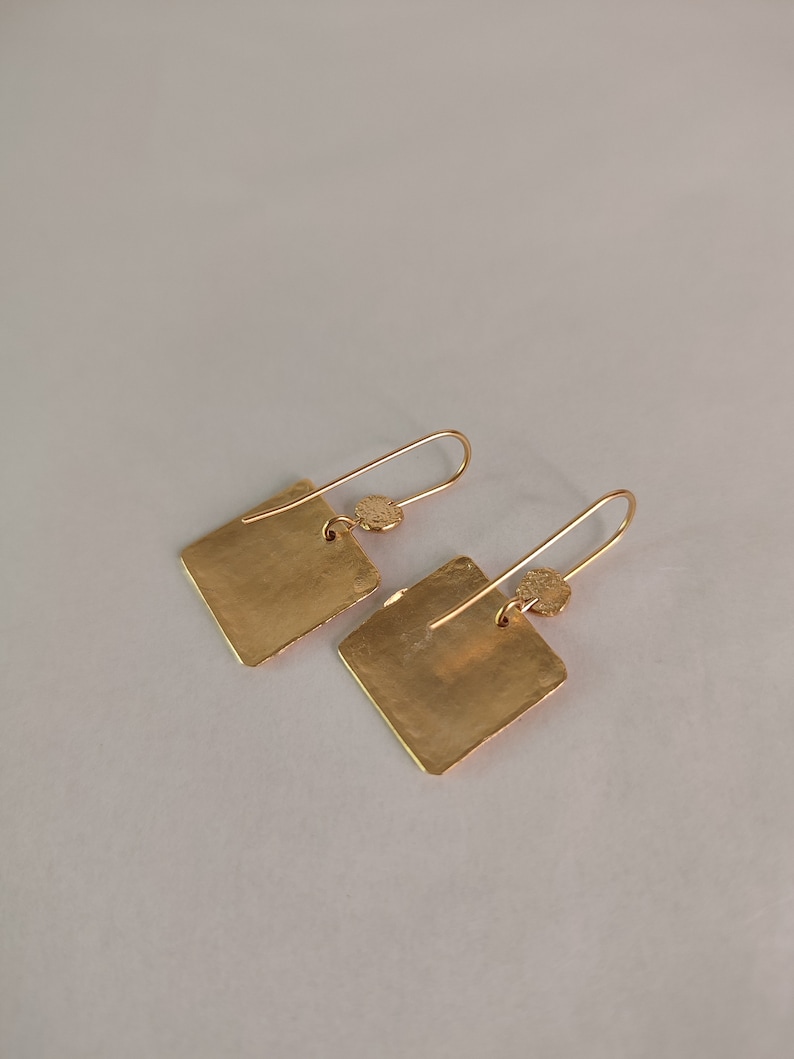 18K Large Square Gold Drop Earrings, Solid Gold Earrings, Textured and Hammered Gold Earrings, Israeli Jewlery, Handmade Gold Earrings image 8