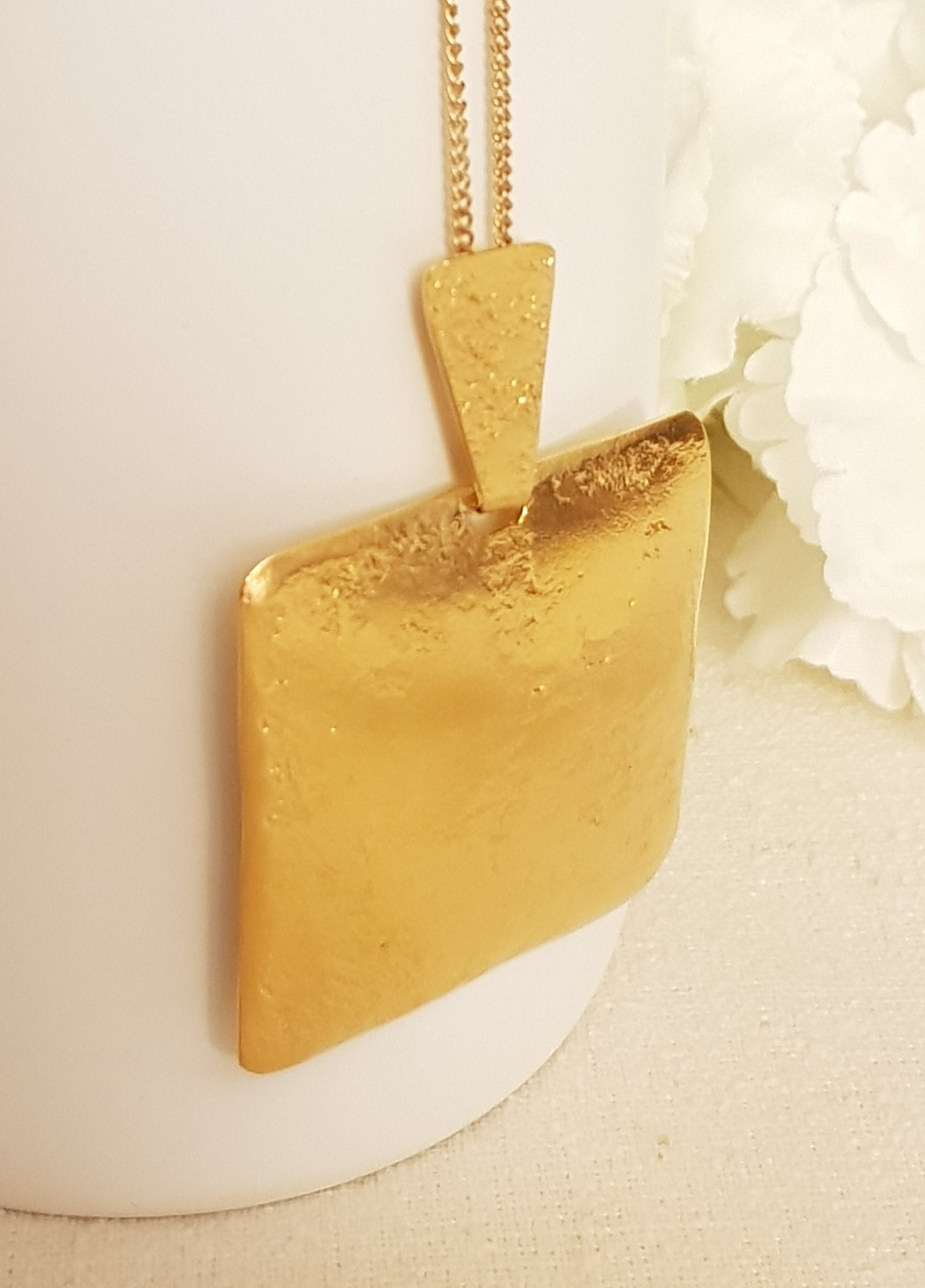 Long Rectangle Gold Pendant Necklace, Square Rustic Pendant