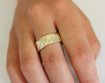 Melted Cigar Gold Ring, Textured Gold Band for Women