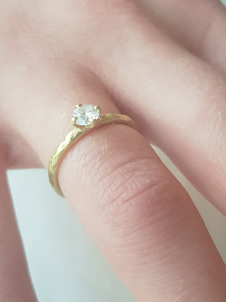 Diamond Engagement Ring with Half Carat Diamond, 4 Prong Diamond Ring, 18K Hammered Gold, Natural 0.5ct Diamond Ring, Solitaire Diamond Ring image 6