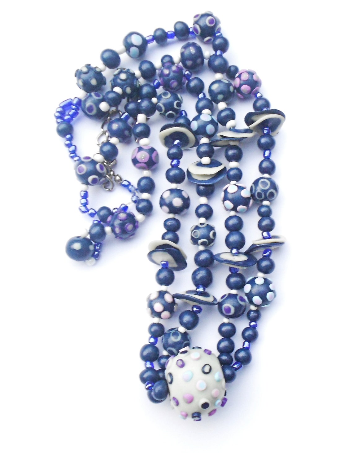 Handmade necklace with blue and white beads. Etsy
