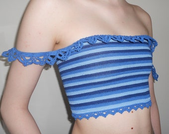 Off shoulder blue crochet crop top
