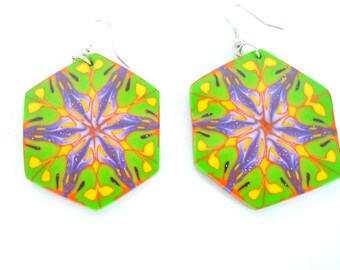 Kaleidoscope clay earrings in purple and green colour