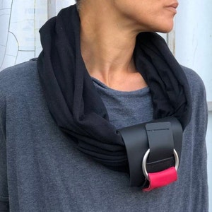 Black Scarf/Tupe Scarf/ Minimalist/   Leather Detail  Scarf fa/ Urban Wear Apocalyptic Style/ Modern Scarf