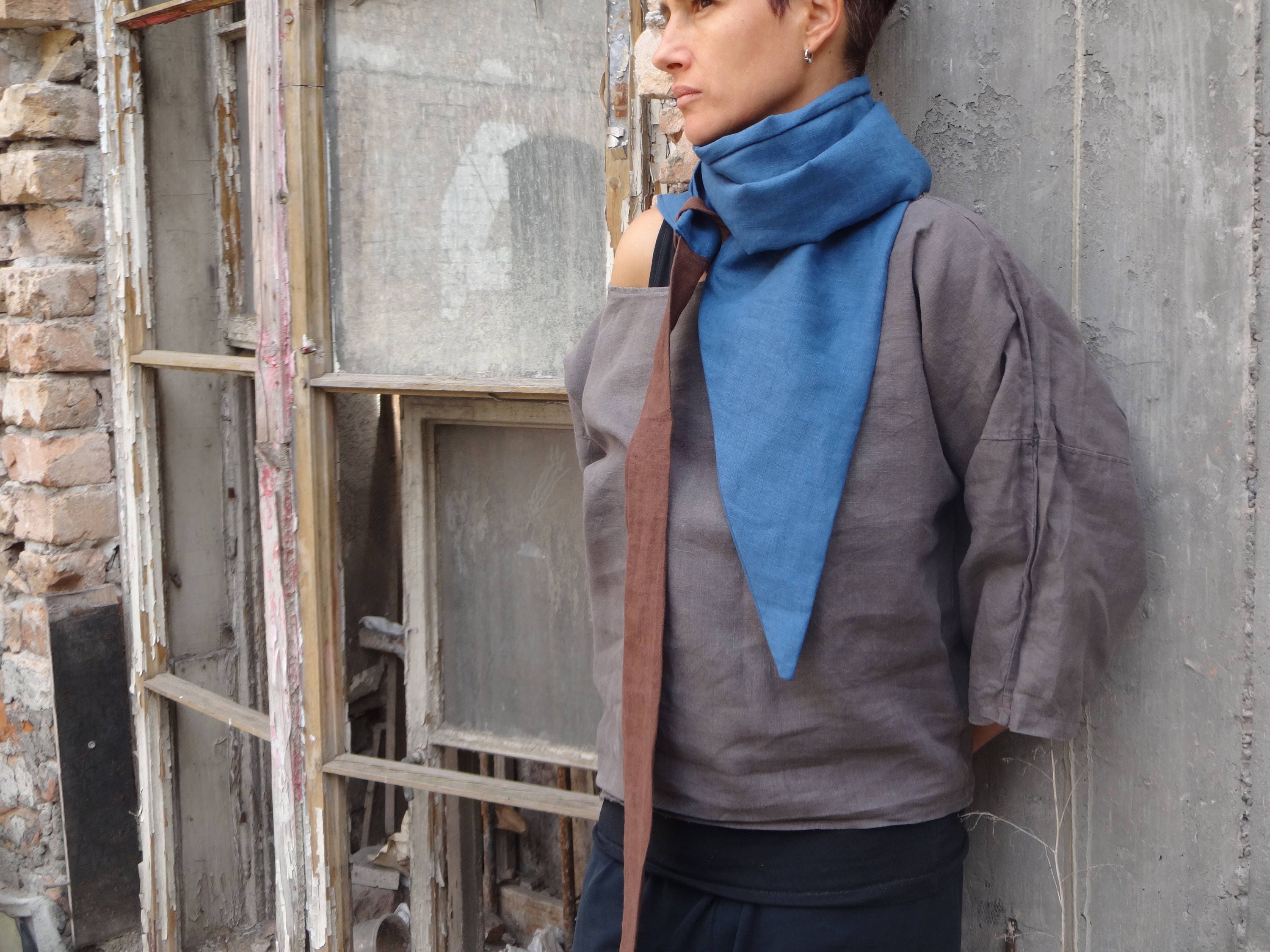 Blue Scarf / Blue Linen Scarf/ Asimetric Loop Scarf /unique - Etsy