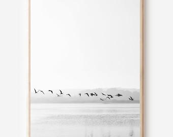 Minimalistische fliegende Vögel Druck, schwarz weiss Strand Kunst (digitaler Download)