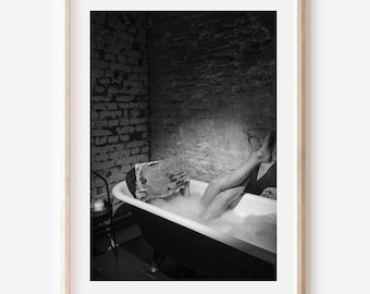 Woman in Bathtub Print: Vintage Black and White Bathroom Art (Digital Download)