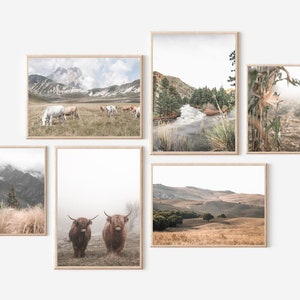 Farmhouse Print Set of 6, Rustic Wall Decor, Farmhouse Landscape, Country House Decor, Highland Cow Print, Nature Wall Decor,Set of 6 Prints