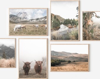 Farmhouse Print Set of 6, Rustic Wall Decor, Farmhouse Landscape, Country House Decor, Highland Cow Print, Nature Wall Decor,Set of 6 Prints