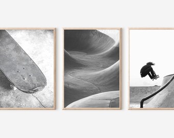Skateboard Print Set of 3, Venice Beach Print, California Wall Art,Skateboard Black and White Print,Venice Skatepark Printable, Venice Print