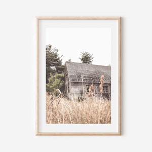 May include: A rustic wooden cabin with a weathered roof, surrounded by tall, dry grass. The cabin is set against a backdrop of trees and a cloudy sky.