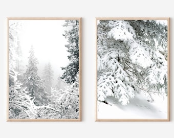 Snowy Pine Forest Print Set: Winter Wonderland Landscape, Christmas Printable Wall Art Decor (Digital Download)
