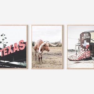 Texas Art Print, Texas Wall Art, Texas Longhorn Cow Print, Southwestern Travel Set of 3, Texas Poster, Vintage Texas Wall Decor, Texas Art
