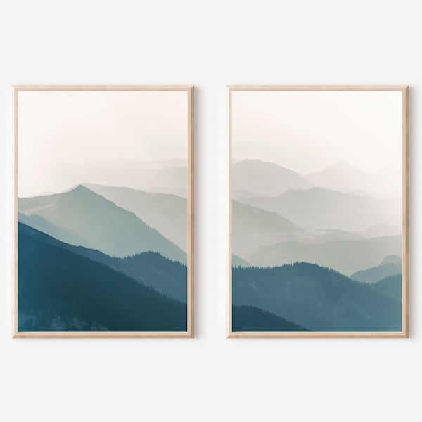 Blue Mountain Wall Art, Blue Mountain Landscape, Valley Hills Wall Art, Scandinavian Landscape,Set Of 2 Prints,Panoramic Blue Mountain Print