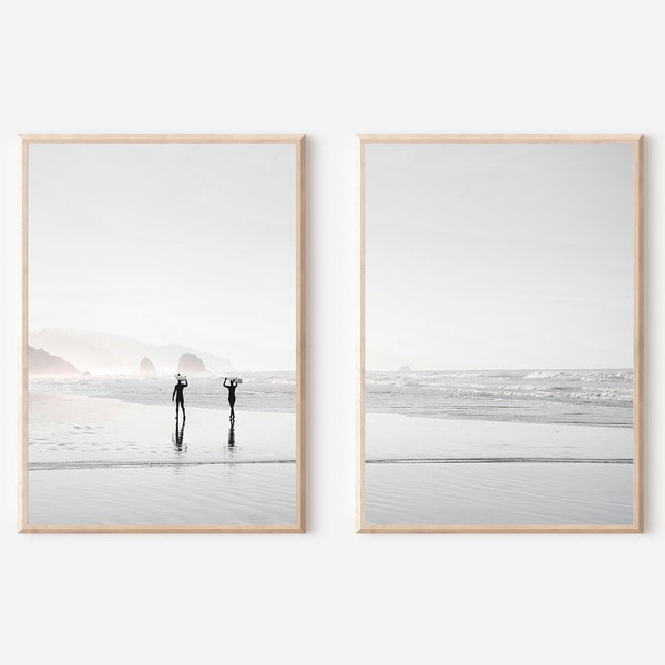 Surfer Print Set of 2, Beach Prints, Surfboard Wall Art, Ocean Wall Art, Art mural noir et blanc, Surf Decor, California Wall Art