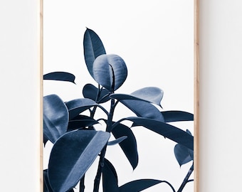 Indigo Blue Leaves Print, Tropical Leaf Print, Botanical Print Wall Decor, Navy Blue Wall Art, Indigo Blue Decor, Modern Minimalist Poster