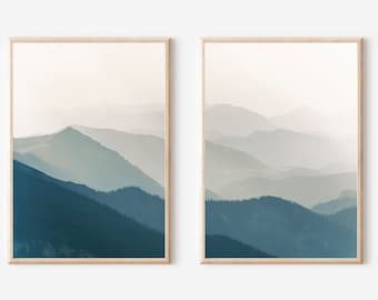 Blue Mountain Wall Art, Blue Mountain Landscape, Valley Hills Wall Art, Scandinavian Landscape,Set Of 2 Prints,Panoramic Blue Mountain Print