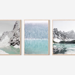 Mountain Lake Set of 3, Snowy Forest Landscape, Forest Wall Art, Mountain Lake Print, Nature Print Set of 3, Mountain Wall Art,Printable Art