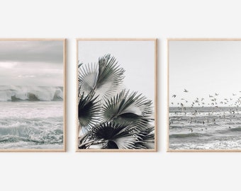Beach Print Set of 3, Palm Tree Print, Flying Birds Print, Ocean Print, Pastel Coastal Print, Landscape Art, Printable Wall Art, Wall Art
