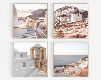Greece Print Set of 4, Oia Santorini Print Set of 4, Mykonos Pastel Printable Art, Modern Minimalist, Travel Art Prints, Santorini Set of 4