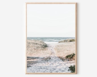 May include: A sandy path leads to the ocean through tall grasses. The path is lined with footprints and the ocean is a light blue colour.