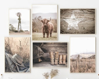 Farmhouse Large Printable Set, Rustic Set Of 6 Prints, Highland Cow Print, Neutral Color Wall Decor, Country House Decor, Farm Prints Set