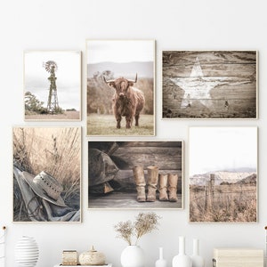 Farmhouse Large Printable Set, Rustic Set Of 6 Prints, Highland Cow Print, Neutral Color Wall Decor, Country House Decor, Farm Prints Set