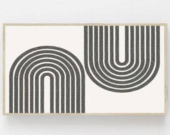 Könnte beinhalten: Abstrakter Kunstdruck mit zwei schwarzen und weißen geometrischen Formen, die an Bögen oder Regenbögen erinnern. Die Formen sind übereinander gelegt und überlappen sich, wodurch ein modernes und minimalistisches Design entsteht.