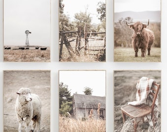 Juego de 6 impresiones de granja, decoración rústica de pared, impresión de vaca de las Tierras Altas, decoración de pared de naturaleza, paisaje de granja, impresión de campo de trigo, juego de 6 impresiones