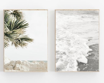 Neutral Print Set of 2, Palm Tree Print, Tropical Wall Art, Coastal Printable Art, Beach Prints, Modern Print Set,Pastel Art Prints Set of 2