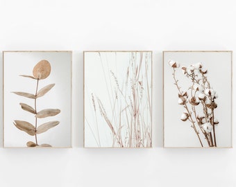 Botanische print set van 3, boerderij print, set van 3 kunst aan de muur, moderne minimalistische poster, neutrale print set van 3, beige kunst prints, neutrale kunst