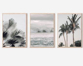 Beach Print Set of 3, Beach Printable Wall Art, Palm Tree Print Set, Ocean Print, Coastal Printable, Wall Decor Print, Ocean Wall Decor