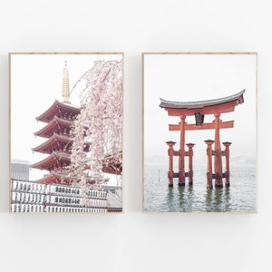 Japan print set van 2, Japanse tempel print, reizen kunst print, moderne minimalistische poster, Itsukushima-schrijn print, Japan Photo Art set van 2