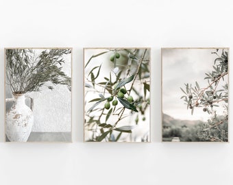 May include: Set of three framed prints featuring olive branches with green olives. The first print shows a vase with dried olive branches. The second print shows a close-up of olive branches with green olives. The third print shows olive branches with green olives against a blurred background.