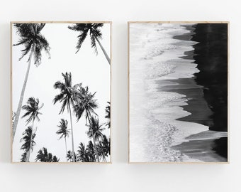 Black and White Prints, Set of 2 Beach Prints Black and White, Black and White Palm Tree Print,  Gallery Wall Set Ocean Print, Tropical Tree