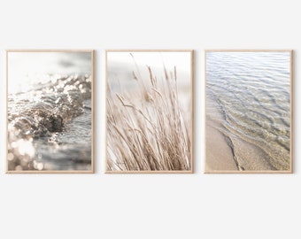 Beach Print Set of 3, Coastal Art Prints, Pampas Print, Ocean Poster, Neutral Beach Printable, Printable Wall Art, Beach Wall Art, Set of 3