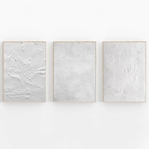 Set di 3 dipinti astratti, arte murale bianca testurizzata, set di 3 opere d'arte testurizzate, stampa astratta, set di 3 opere d'arte astratta bianca, set di poster moderni