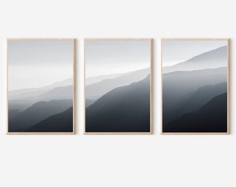 Mountain Print Set of 3, Mountain Landscape Prints, Foggy Mountain Print, Mountain Wall Art, Set of 3 Forest Landscape Art, Black and White
